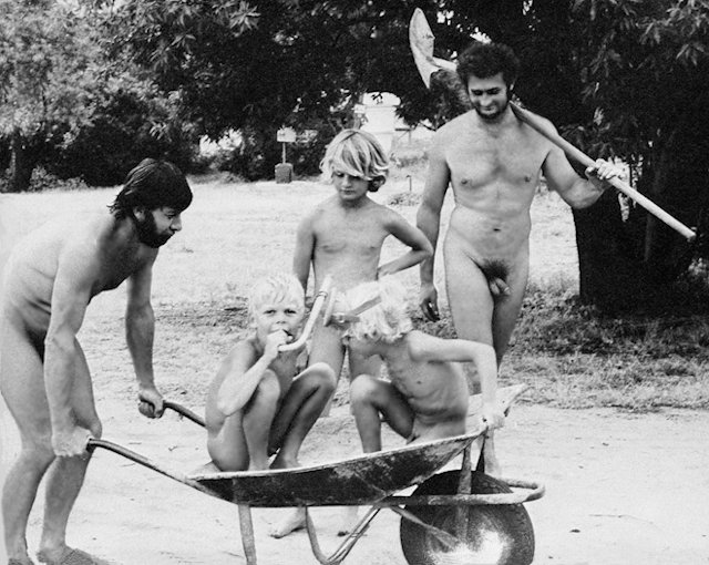 Kids being wheeled in a barrow